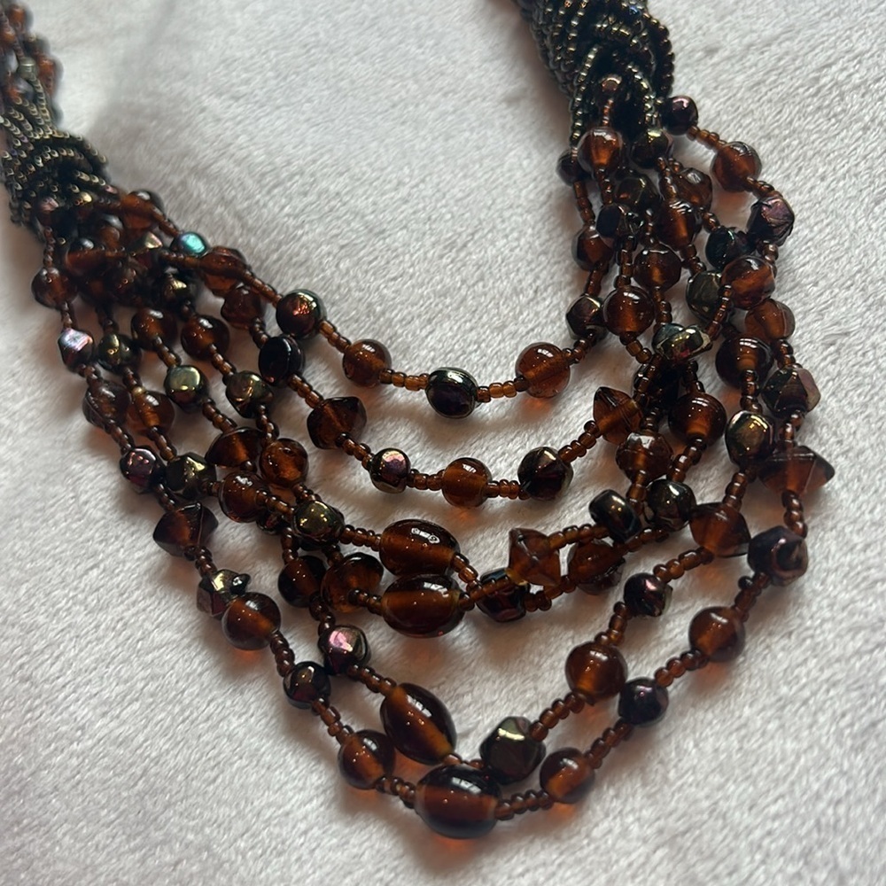 Vintage seed bead & glass Elegant Multi-Strand Beaded Necklace earth tone